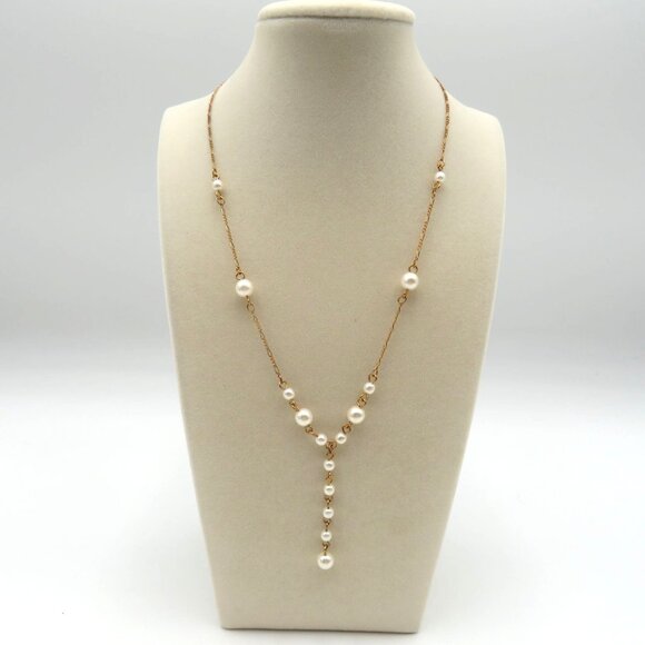 Y Shaped Station Necklace Gold Tone 16" Imitation Pearl Lobster Clasp - Picture 2 of 5